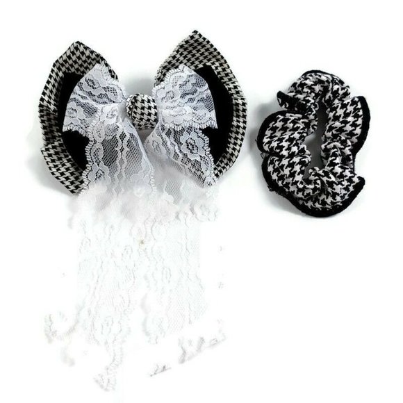 Vintage Houndtooth Hair Barette & Hair Ties -Lace Accent -2 Pc Set *MINOR WEAR - Picture 1 of 9